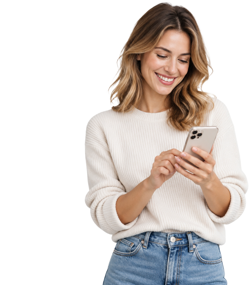 Mulher sorridente a olhar para o telemóvel